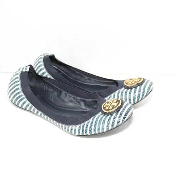Tory Burch Caroline 2 Striped Ballet Flats Navy White Gold Shoes Size 7.5 H13069 - Picture 4 of 11
